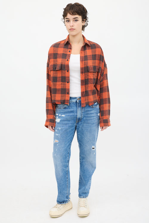 R13 Red 
Black Distressed Plaid Shirt