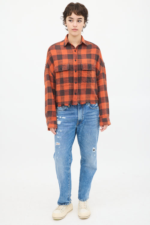 R13 Red 
Black Distressed Plaid Shirt