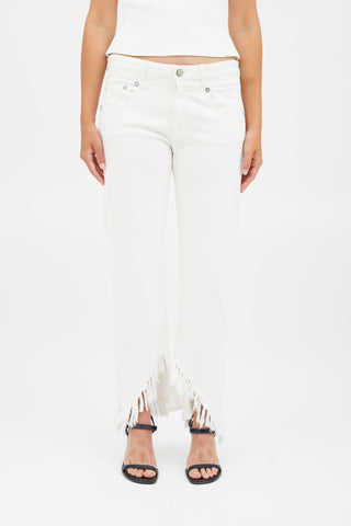 R14 White Denim Fringe Hem Jeans