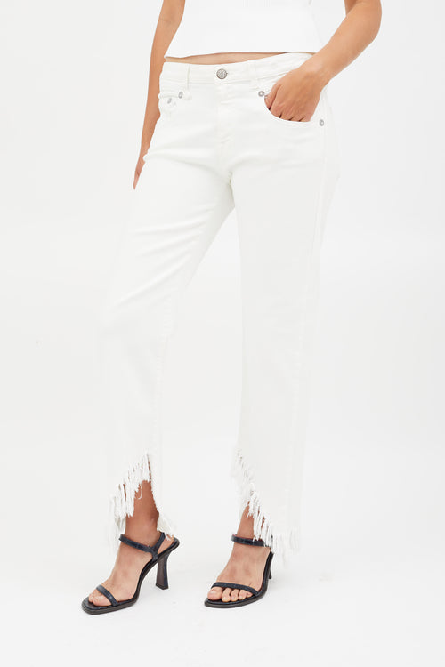 R13 White Denim Fringe Hem Jeans