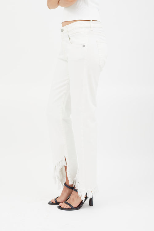 R16 White Denim Fringe Hem Jeans