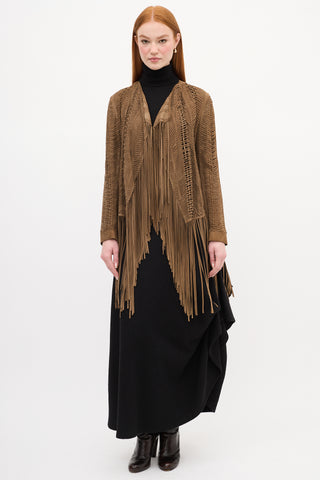 Ralph Lauren Brown Suede Woven Fringe Jacket