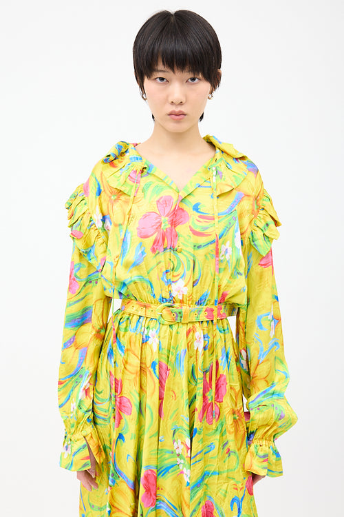 Balenciaga Yellow 
Multicolour Floral Crinkled Dress