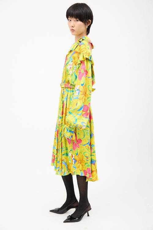 Balenciaga Yellow 
Multicolour Floral Crinkled Dress