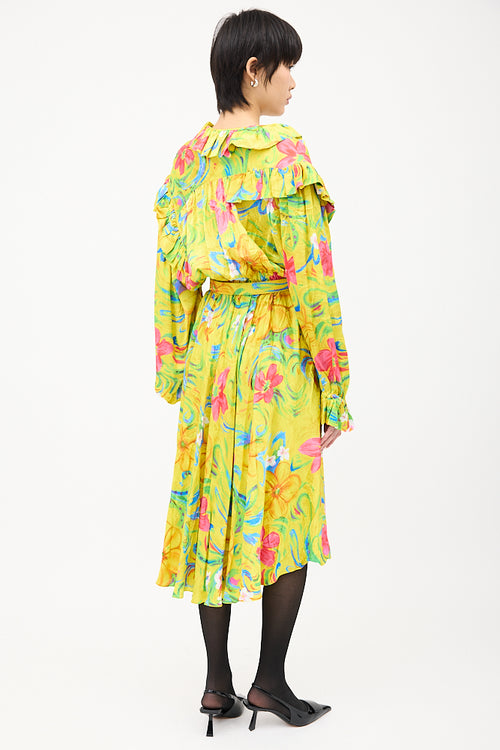 Balenciaga Yellow 
Multicolour Floral Crinkled Dress