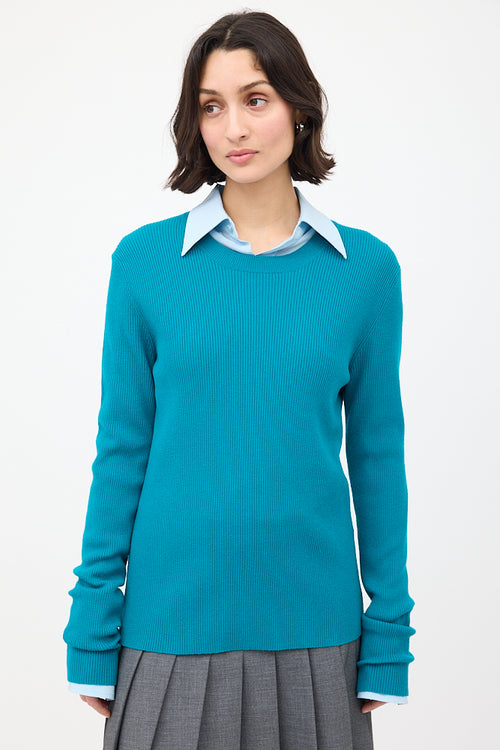 Bottega Veneta Teal Wool Ribbed Crewneck Sweater