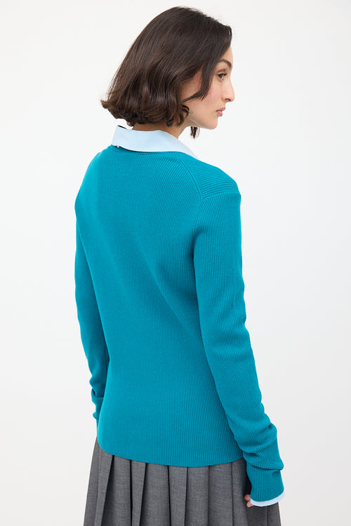 Bottega Veneta Teal Wool Ribbed Crewneck Sweater