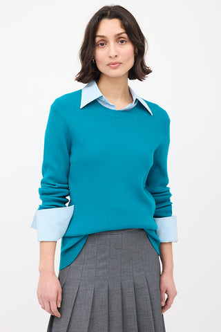 Bottega Veneta Teal Wool Ribbed Crewneck Sweater