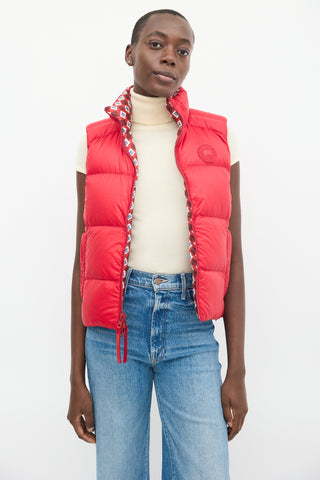 Red Nylon Printed Reversible Down Puffer Vest