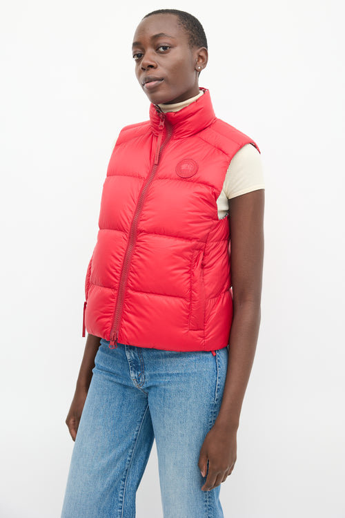 Red Nylon Printed Reversible Down Puffer Vest