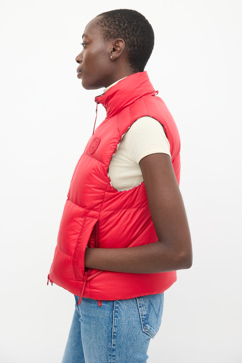 Red Nylon Printed Reversible Down Puffer Vest