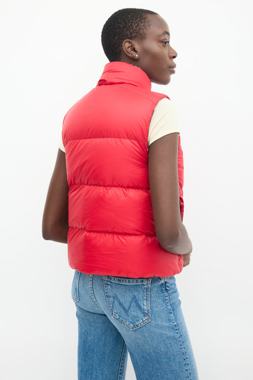 Red Nylon Printed Reversible Down Puffer Vest