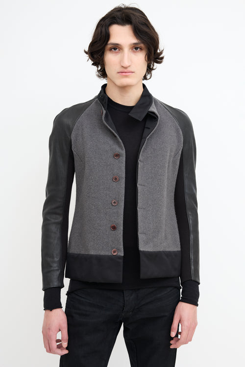 Rick Owens Grey Wool 
Black Leather Jacket