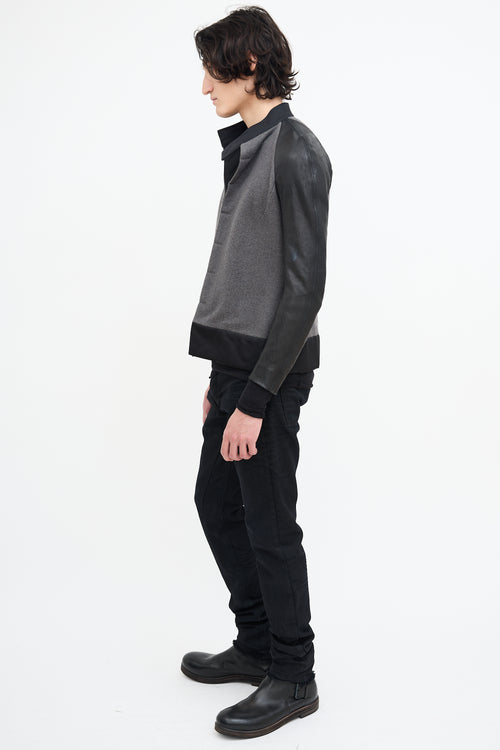 Rick Owens Grey Wool 
Black Leather Jacket