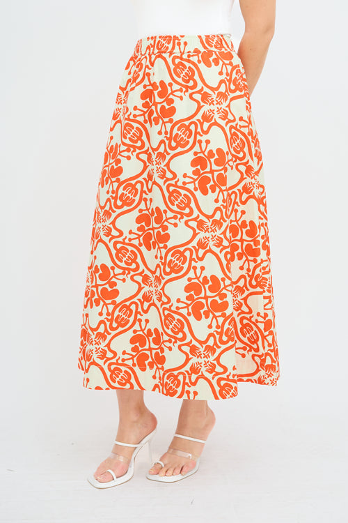 Rodebjer Cream 
Orange Printed Midi Skirt