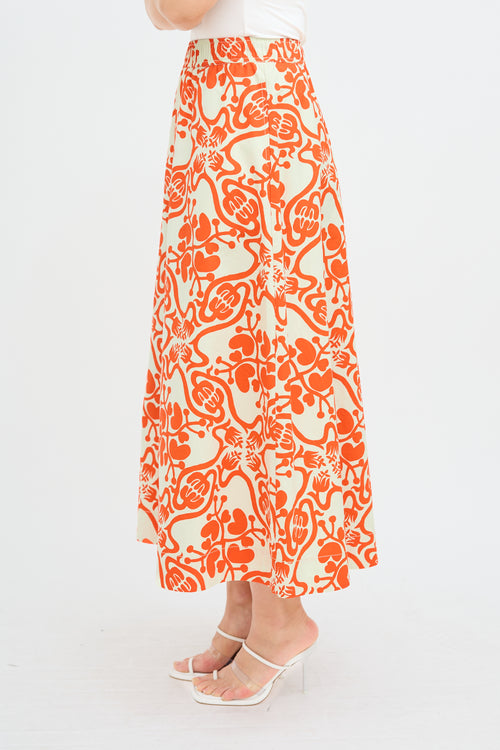 Rodebjer Cream 
Orange Printed Midi Skirt