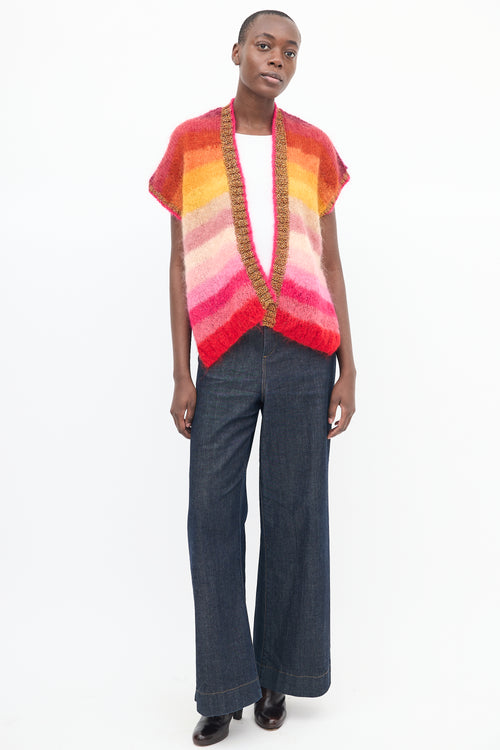 Rose Carmine Multicolour Mohair Striped Short Sleeve Cardigan