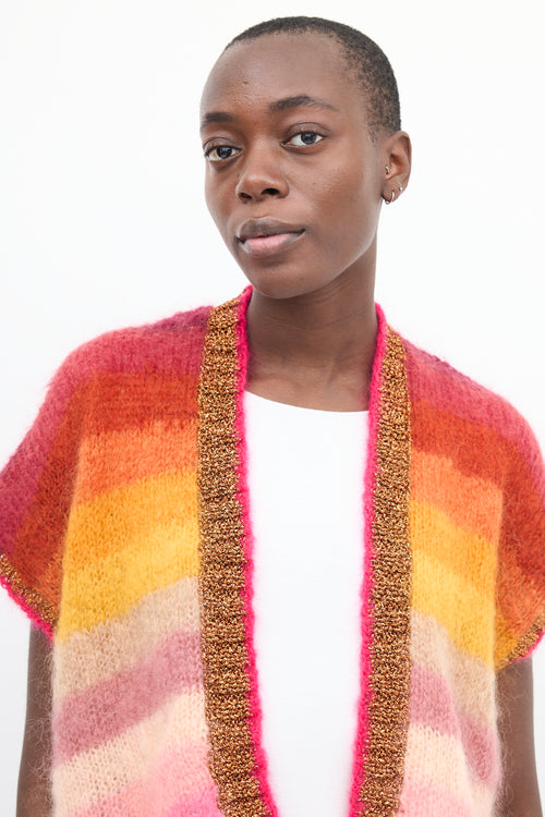 Rose Carmine Multicolour Mohair Striped Short Sleeve Cardigan