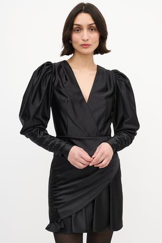 Rotate Black Satin Puff Sleeve V-Neck Mini Dress