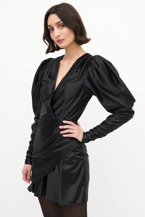 Rotate Black Satin Puff Sleeve V-Neck Mini Dress