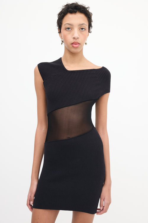 RTA Black Ribbed Maya Mesh Cutout  Dress