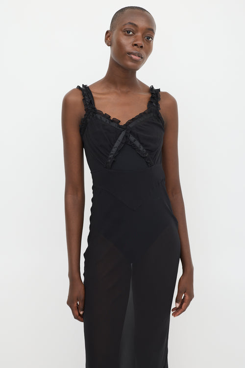 RTA Black Silk Sheer Ruffled Maxi  Dress