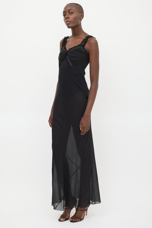 RTA Black Silk Sheer Ruffled Maxi  Dress