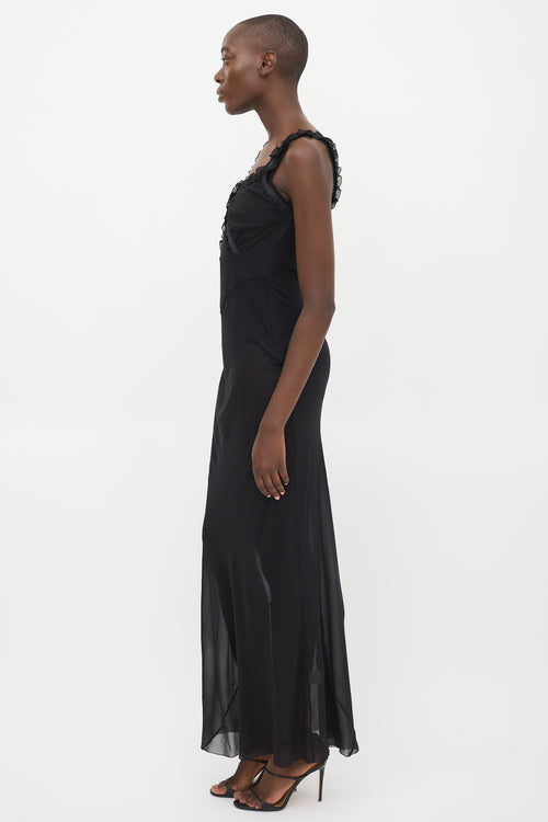 RTA Black Silk Sheer Ruffled Maxi  Dress