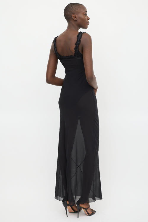 RTA Black Silk Sheer Ruffled Maxi  Dress