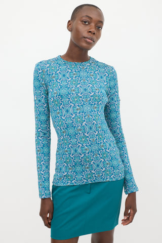 Rabanne Blue 
Teal Metallic Floral Top