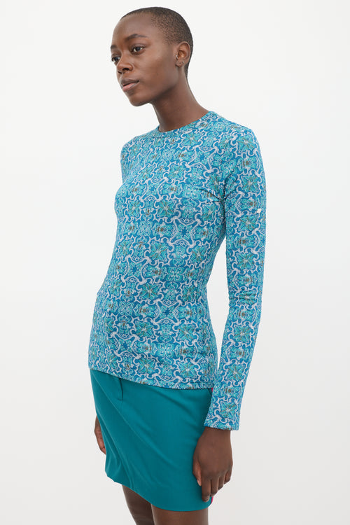 Rabanne Blue 
Teal Metallic Floral Top