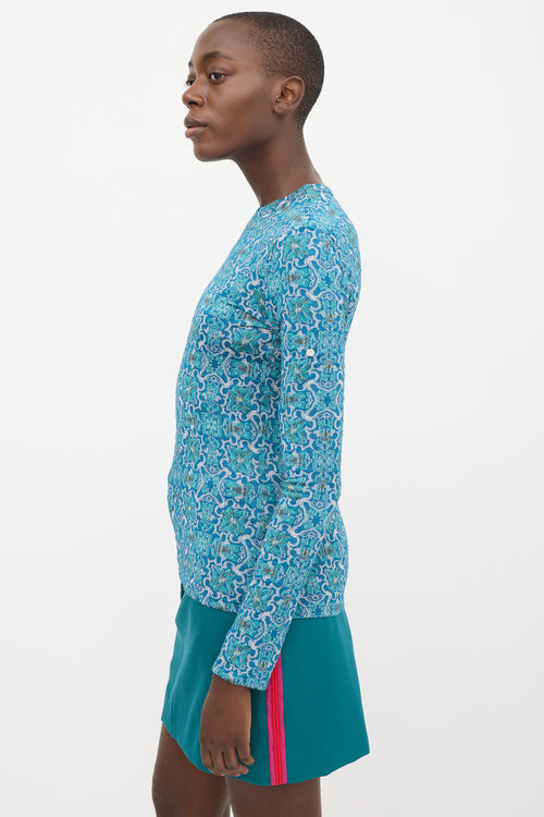 Rabanne Blue 
Teal Metallic Floral Top