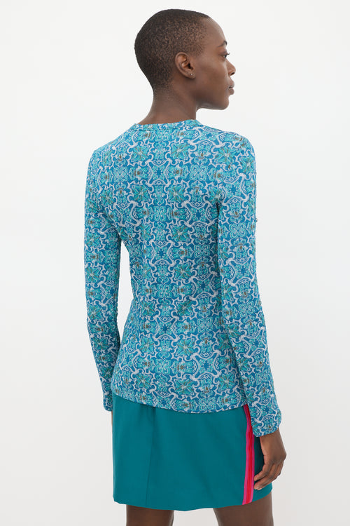 Rabanne Blue 
Teal Metallic Floral Top