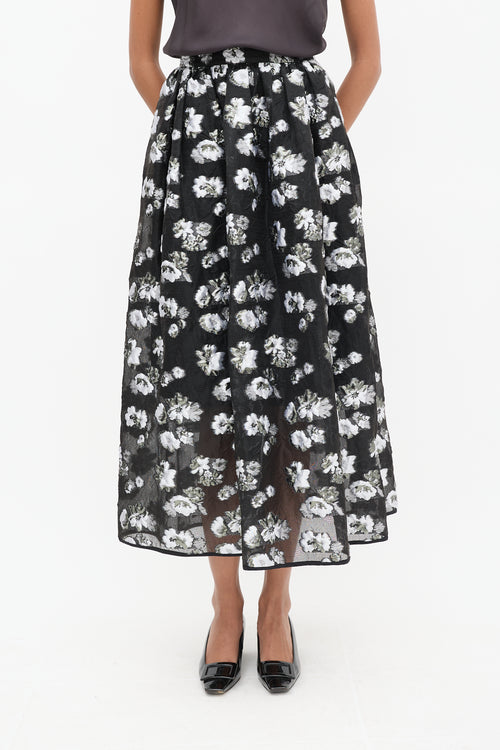 Rachel Comey Black 
Grey Silk Floral A-Line Skirt