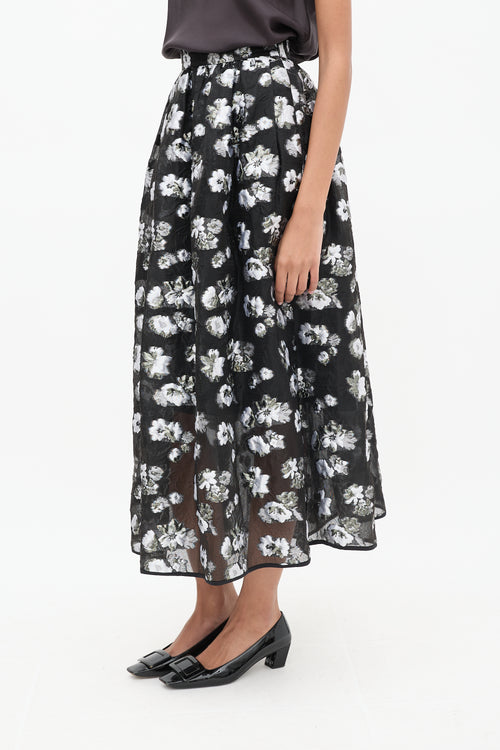 Rachel Comey Black 
Grey Silk Floral A-Line Skirt