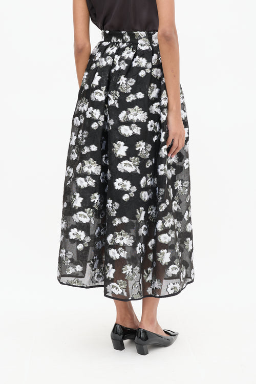 Rachel Comey Black 
Grey Silk Floral A-Line Skirt