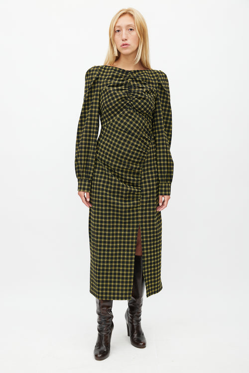 Rachel Comey Black 
Yellow Plaid Ruched Dress