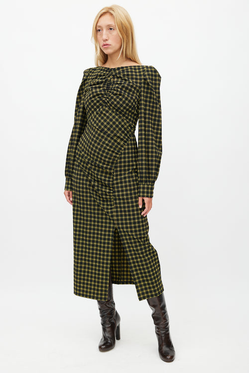 Rachel Comey Black 
Yellow Plaid Ruched Dress