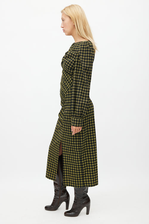 Rachel Comey Black 
Yellow Plaid Ruched Dress