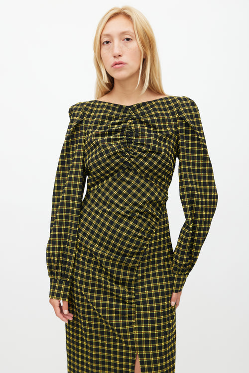 Rachel Comey Black 
Yellow Plaid Ruched Dress