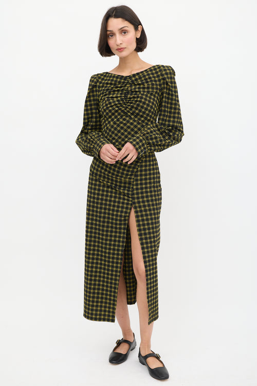 Rachel Comey Black 
Yellow Seersucker Check Ruched Dress