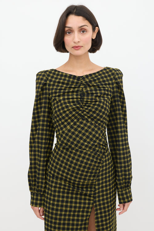 Rachel Comey Black 
Yellow Seersucker Check Ruched Dress