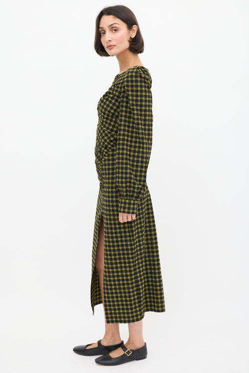 Rachel Comey Black 
Yellow Seersucker Check Ruched Dress