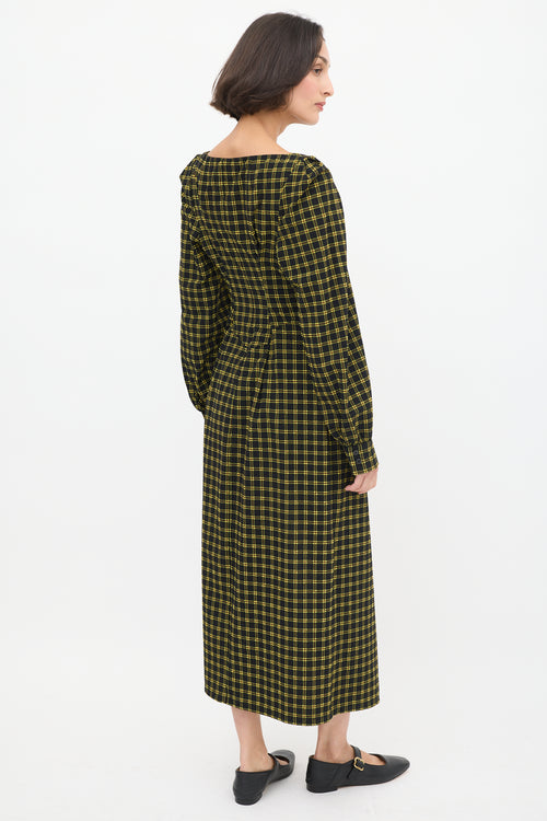 Rachel Comey Black 
Yellow Seersucker Check Ruched Dress