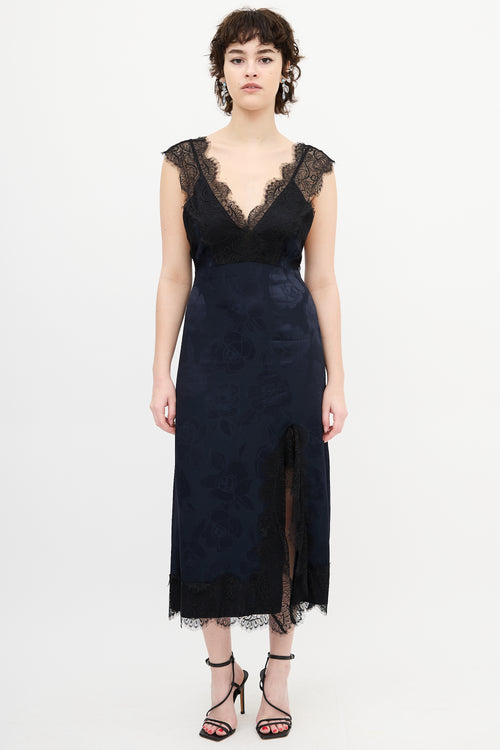 Rachel Comey Navy Floral Satin 
Black Lace Dress