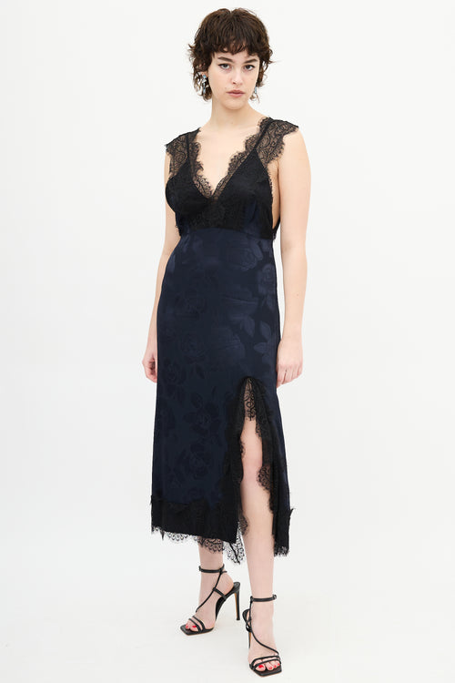 Rachel Comey Navy Floral Satin 
Black Lace Dress