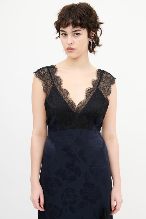 Rachel Comey Navy Floral Satin 
Black Lace Dress