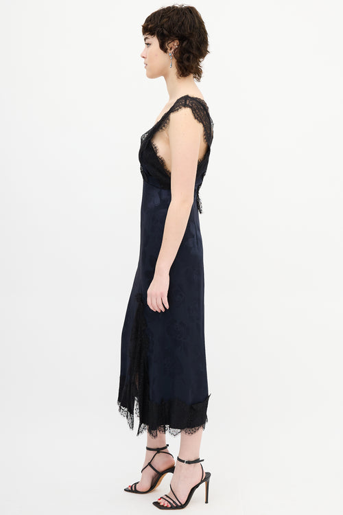 Rachel Comey Navy Floral Satin 
Black Lace Dress