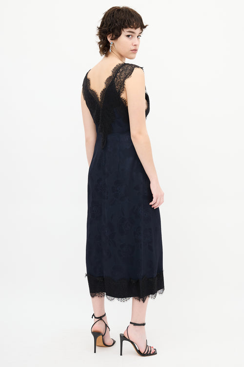 Rachel Comey Navy Floral Satin 
Black Lace Dress