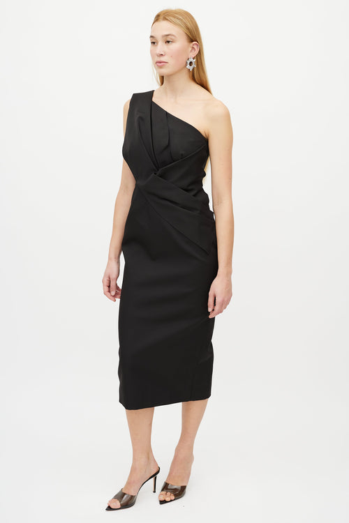 Rachel Gilbert Black Pleated One Shoulder Dress